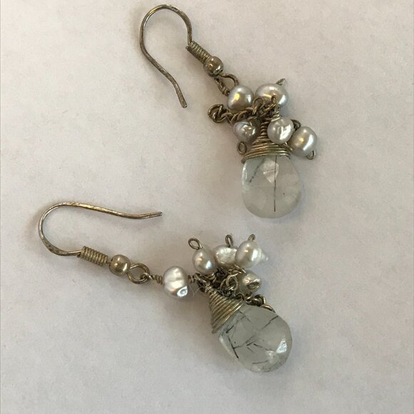 Silver, Pearl and Tourmalated Quartz Dangle Earrings - Picture 3 of 7